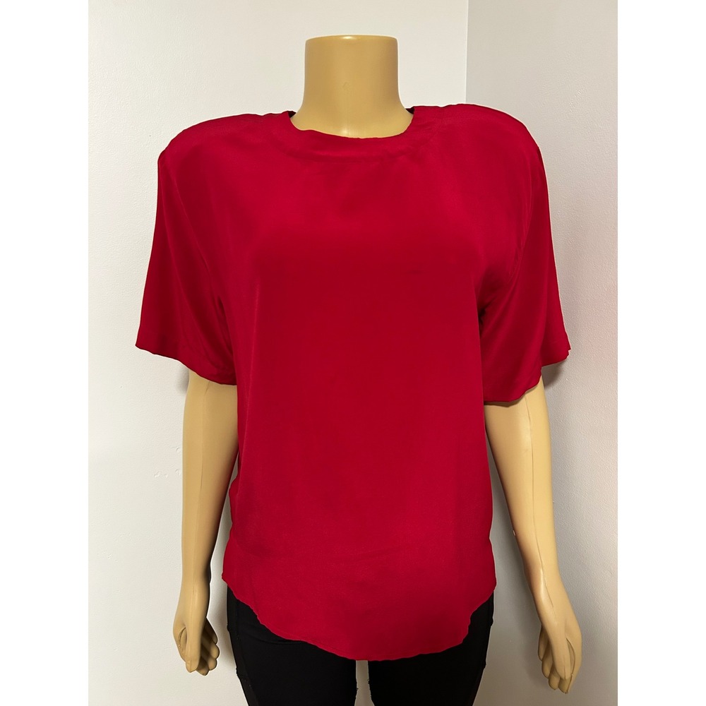 VINTAGE SLB Sunny Leigh Red Silk Blouse Short Sleeve Shoulder Pads 80s 90s SMALL